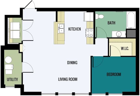 Floor Plan  A floor plan of a living space with a kitchen, bathroom, and bedroom.