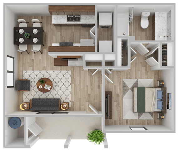 A top-down view of a modern apartment layout with a kitchen, living room, and bathroom.