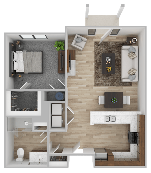 A top-down view of a small apartment with a kitchen, living room, and bathroom.