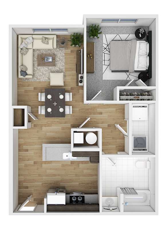 A top-down view of a small apartment with a kitchen, living room, and bedroom.