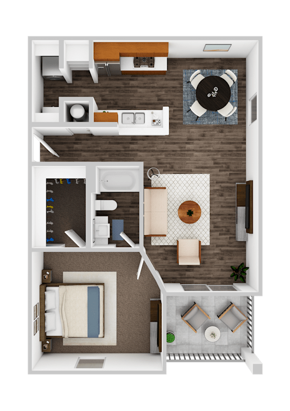 A top-down view of a small apartment with a bedroom, living room, and kitchen.
