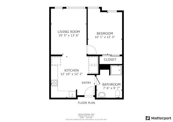 A floor plan for a home with a living room, kitchen, entry, bathroom, and two bedrooms.
