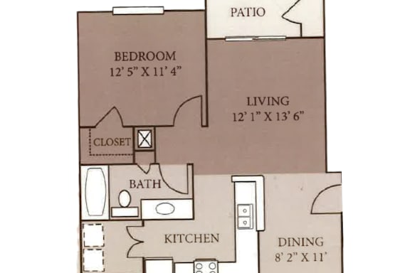 A floor plan of a small apartment with a bedroom, living room, kitchen, and dining area.