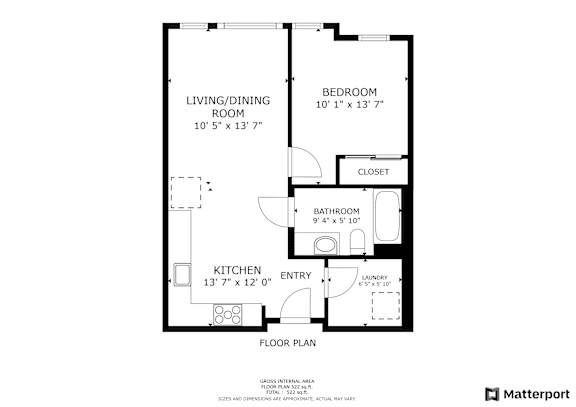 A floor plan of a small apartment with a living room, kitchen, bathroom, and bedroom.