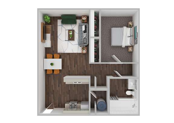 A top-down view of a small apartment with a kitchen, living room, and bathroom.