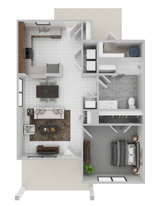 A 3D floor plan of a small apartment with a kitchen, living room, and bathroom.