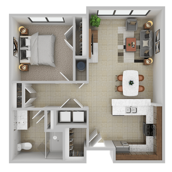 A top-down view of a small, neatly organized apartment with a kitchen, living room, and bathroom.