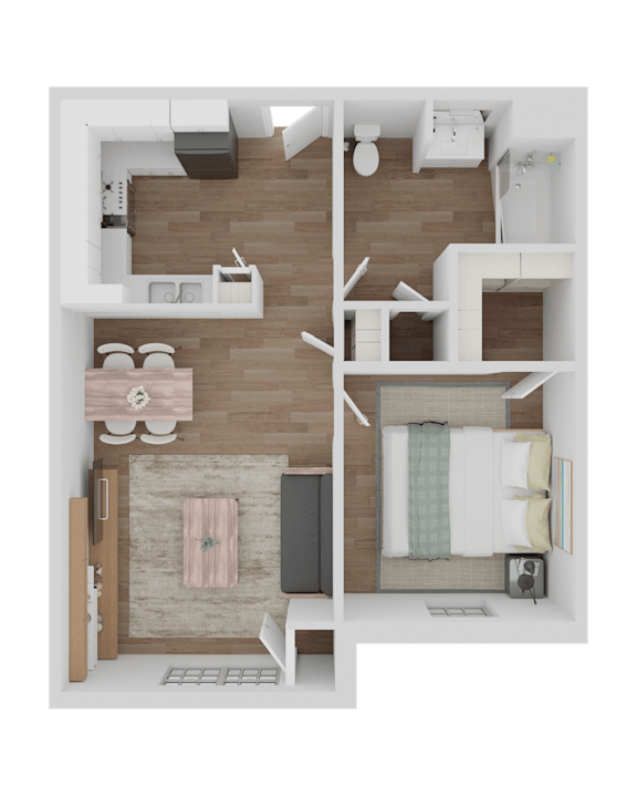 A top-down view of a small apartment with a kitchen, living room, and bathroom.