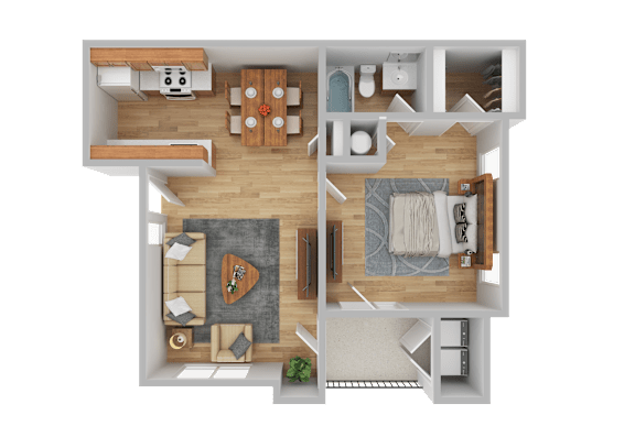 A top-down view of a living room with a couch, coffee table, and kitchen area.