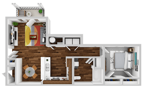 A 3D floor plan of a house with a kitchen, living room, and bedrooms.