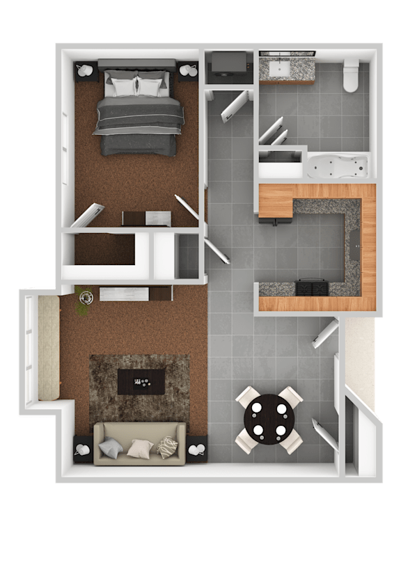 A 3D floor plan of a small apartment with a bedroom, living room, and kitchen.