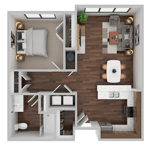 A top-down view of a well-furnished apartment with a living room, kitchen, and bedroom.