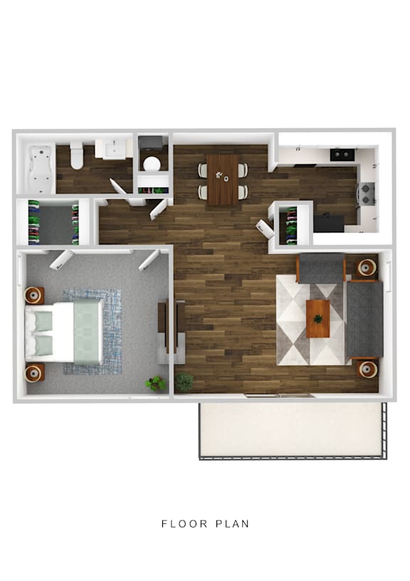Floor Plan  A floor plan of a house with a kitchen, living room, and bathroom.