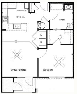 A black and white floor plan of a house with a kitchen, living/dining area, and bedroom.