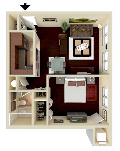 A small apartment with a kitchen, living room, and bathroom.