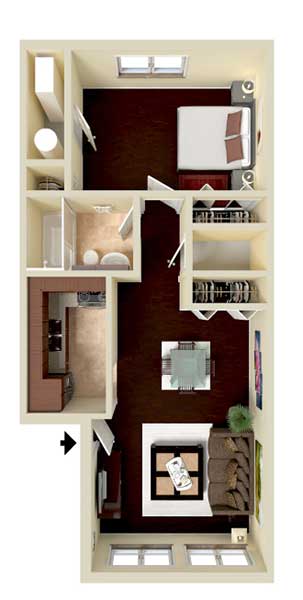 A floor plan of a house with a kitchen, living room, and two bedrooms.