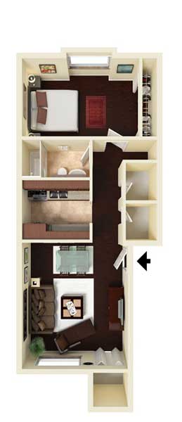 Floor Plan  A diagram of a small apartment with a bedroom, living room, and kitchen.
