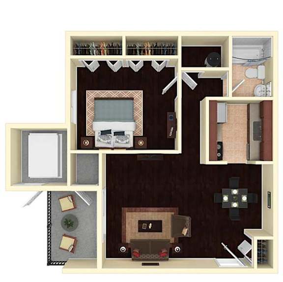A dollhouse floor plan with a living room, kitchen, and dining area.