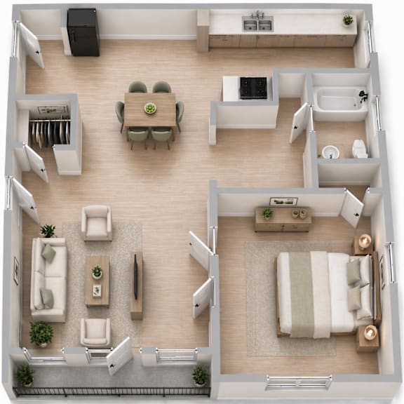 A top-down view of a well-organized apartment with a dining area, living room, and kitchen.