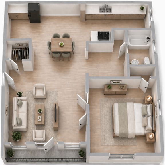 Floor Plan  A top-down view of a well-furnished apartment with a living room, dining area, kitchen, and bedroom.