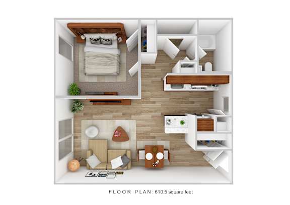 A floor plan of a small apartment with a total area of 610.5 square feet.