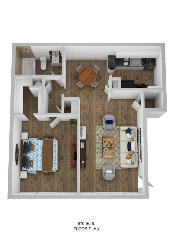 1 bed 1 bath floor plan A at Azure Place Apartments, Memphis, TN, 38118