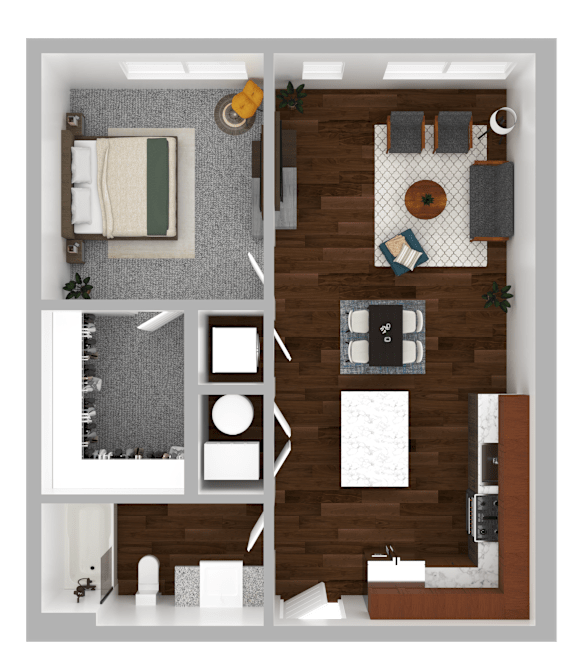 A top-down view of a room with a bed, a desk, and a couch.
