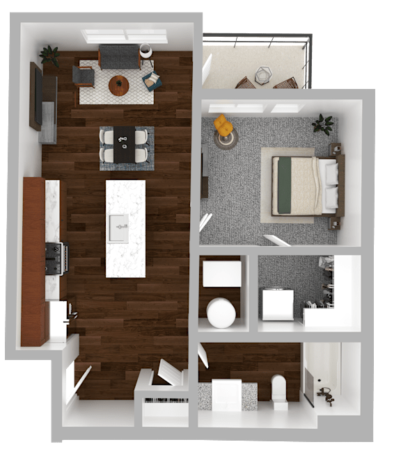 A top-down view of a small apartment with a kitchen, living room, and bathroom.