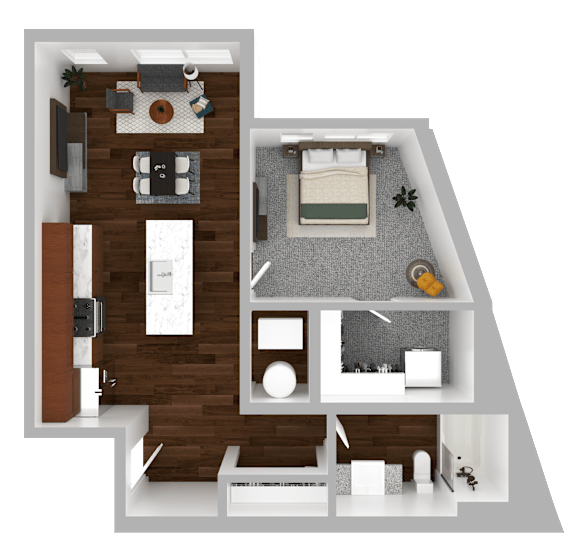 A 3D rendered image of a modern apartment layout.