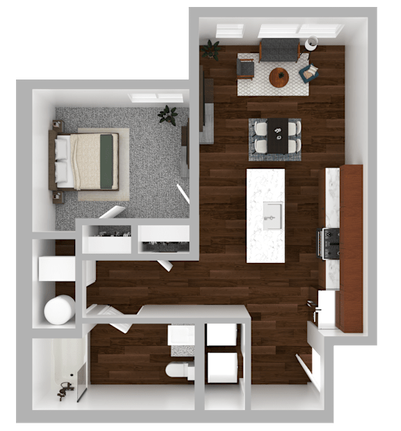 A top-down view of a small apartment with a bedroom, living room, and kitchen area.