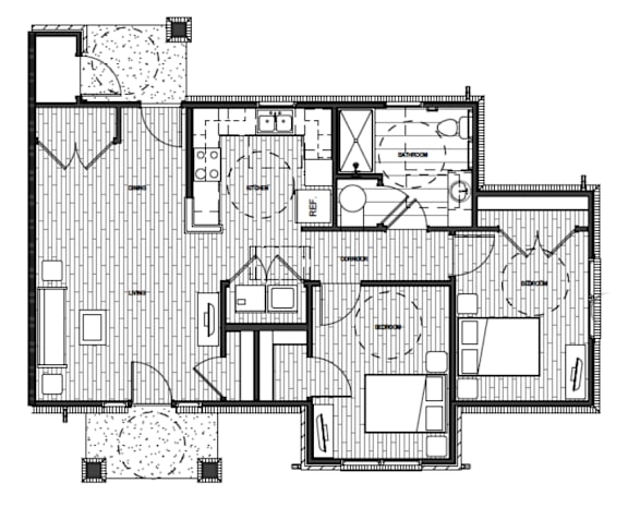 A black and white floor plan of a house with a kitchen, living room, and two bedrooms.