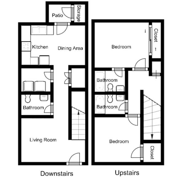A black and white diagram of a two-story house with labeled rooms.