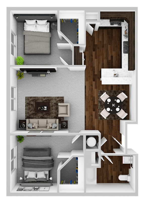 A 3D floor plan of a small apartment with two bedrooms, a living room, and a kitchen.