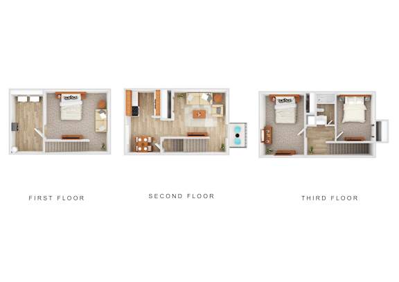 Three images showing the layout of the first, second and third floors of a house.