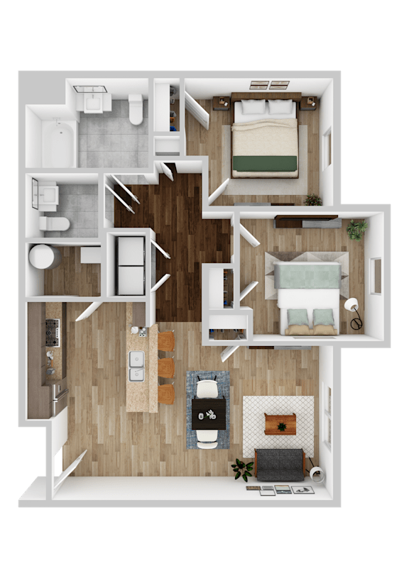 A top-down view of a house layout with a living room, kitchen, dining area, and bedrooms.
