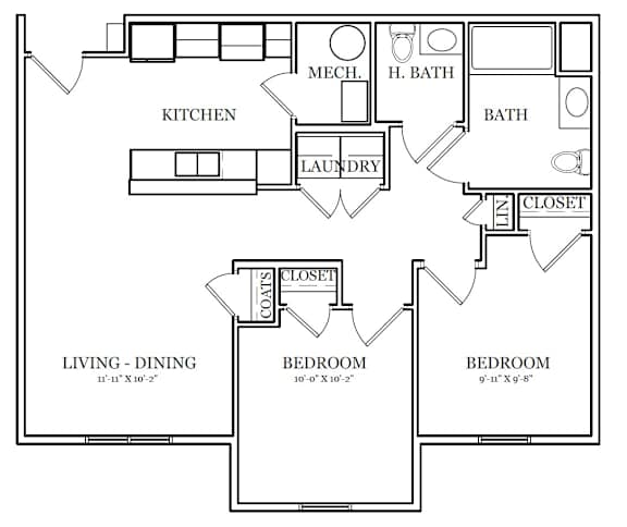 A floor plan of a home with a living room, dining room, kitchen, and three bedrooms.