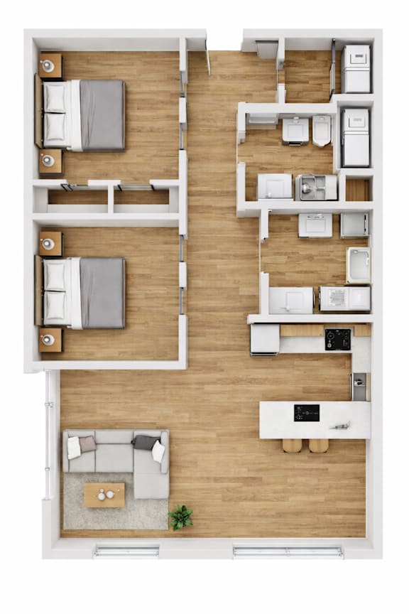 A top-down view of a modern apartment layout with a living room, kitchen, and bedrooms.