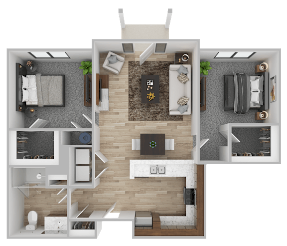 A top-down view of a two-story apartment with a living room, kitchen, dining area, and bedrooms.