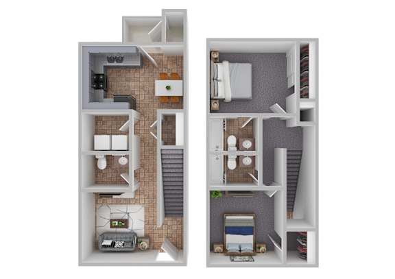 A floor plan of a two-bedroom apartment with a kitchen, living room, and bathroom.