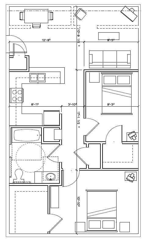 A floor plan of a house with labeled rooms and dimensions.