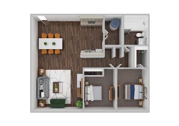 A 3D floor plan of a small apartment with a kitchen, living room, and bathroom.