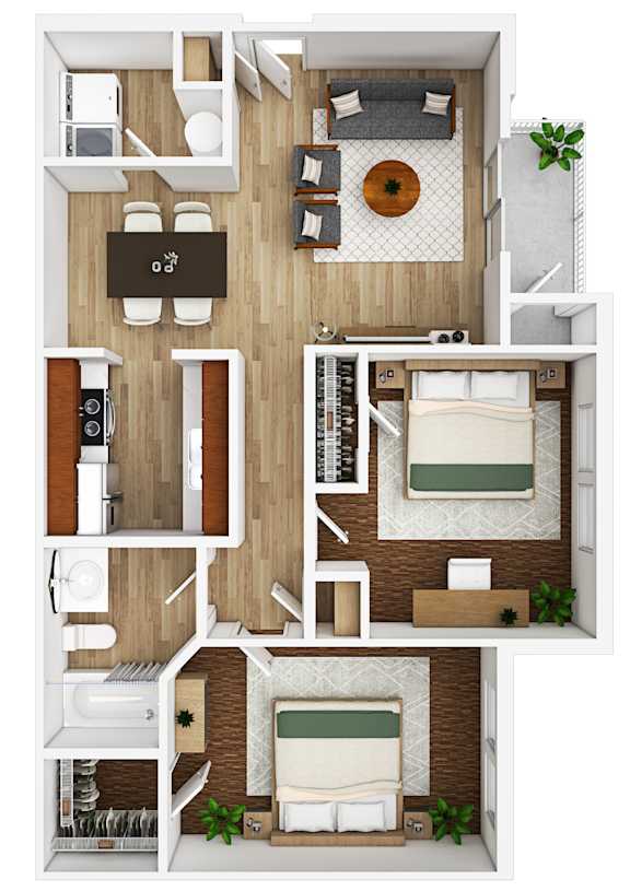 A 3D floor plan of a small apartment with two bedrooms and a living area.