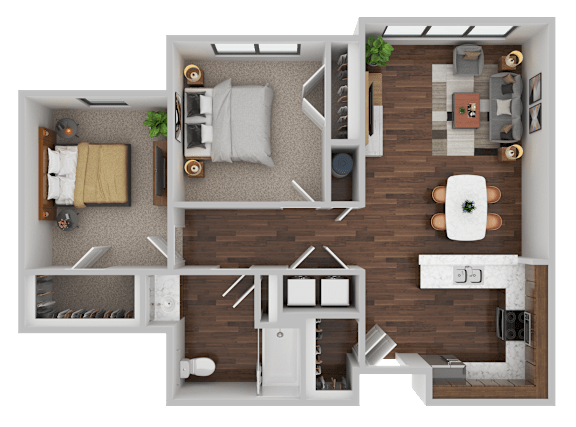 A top-down view of a well-organized apartment layout.