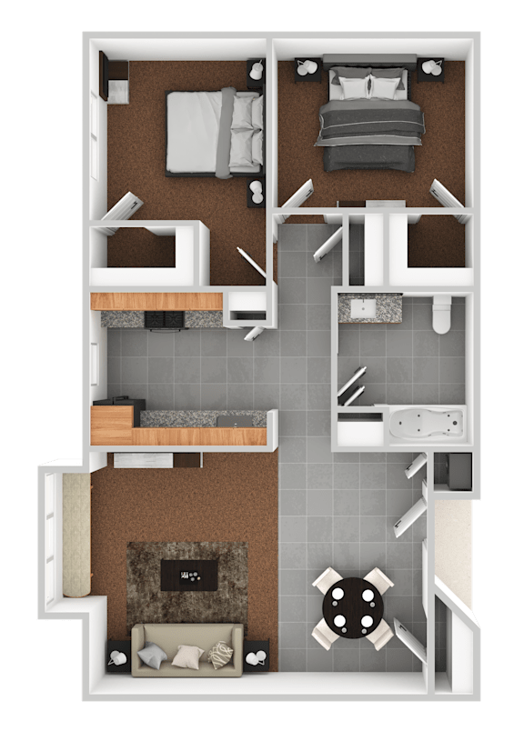 A 3D floor plan of a house with two bedrooms, a living room, a kitchen, and a bathroom.