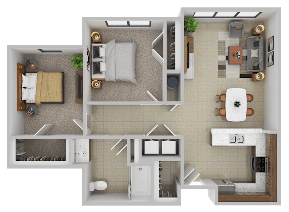 A top-down view of a small apartment layout with a kitchen, living room, and bathroom.