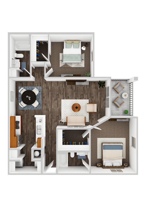 A 3D floor plan of a small apartment with a kitchen, living room, and bathroom.