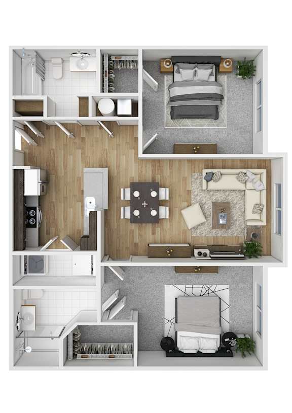 A top-down view of a small apartment with a kitchen, living room, and bathroom.