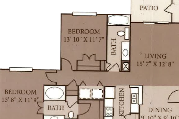 A floor plan of a house with two bedrooms, a living area, a kitchen, a dining area, and a patio.