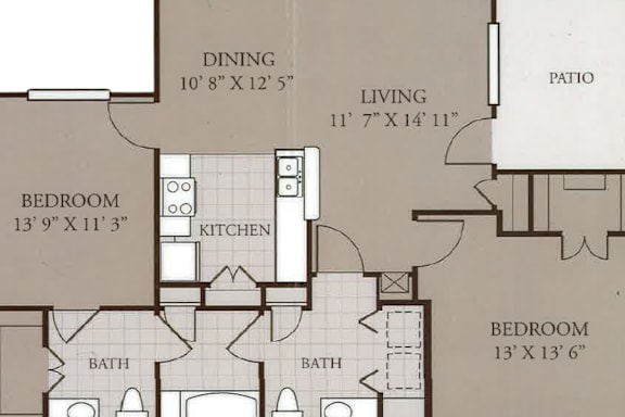 A floor plan of a house with a dining area, living room, kitchen, and two bedrooms.