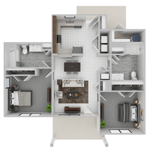 A 3D floor plan of a small apartment with a kitchen, living room, and bathroom.
